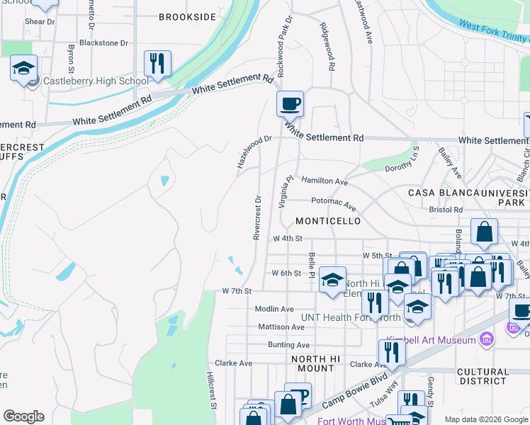 map of restaurants, bars, coffee shops, grocery stores, and more near 401 Rivercrest Drive in Fort Worth