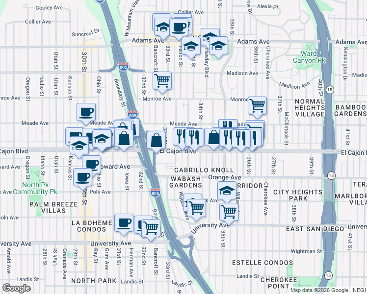 map of restaurants, bars, coffee shops, grocery stores, and more near in San Diego