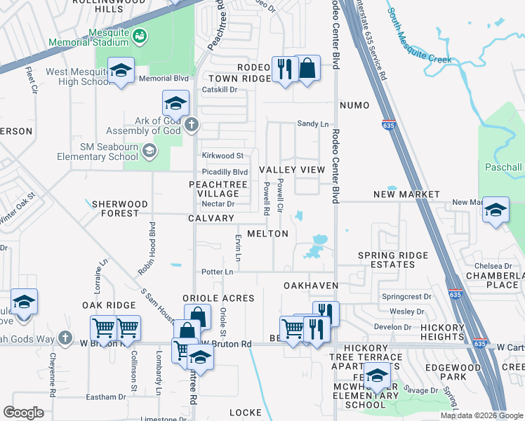 map of restaurants, bars, coffee shops, grocery stores, and more near 1029 Powell Road in Mesquite