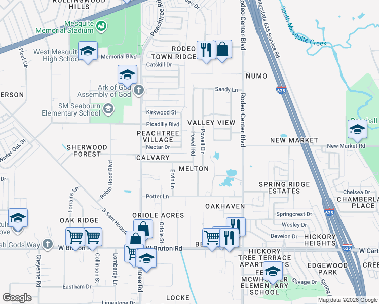 map of restaurants, bars, coffee shops, grocery stores, and more near 1029 Powell Rd in Mesquite