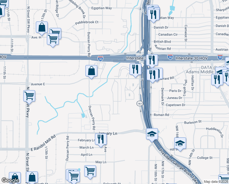 map of restaurants, bars, coffee shops, grocery stores, and more near 611 Daja Lane in Grand Prairie