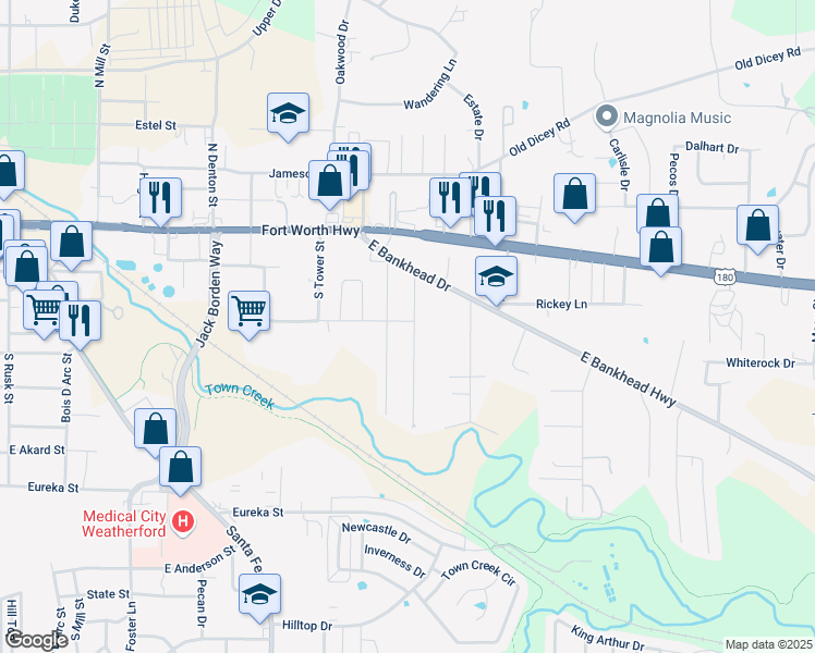 map of restaurants, bars, coffee shops, grocery stores, and more near 300 Jade Lane in Weatherford
