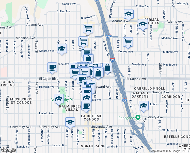 map of restaurants, bars, coffee shops, grocery stores, and more near 3046 El Cajon Boulevard in San Diego