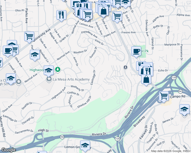 map of restaurants, bars, coffee shops, grocery stores, and more near 4235 Eastridge Drive in La Mesa