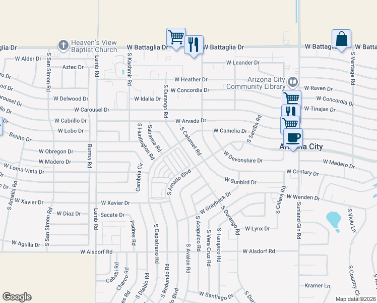 map of restaurants, bars, coffee shops, grocery stores, and more near 13699 South Durango Road in Arizona City