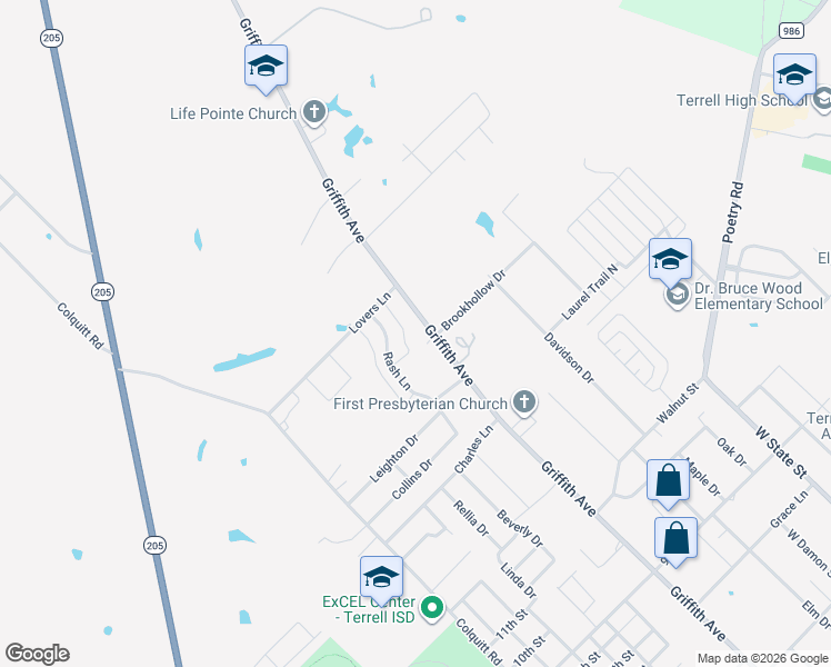 map of restaurants, bars, coffee shops, grocery stores, and more near 1103 Griffith Ave in Terrell
