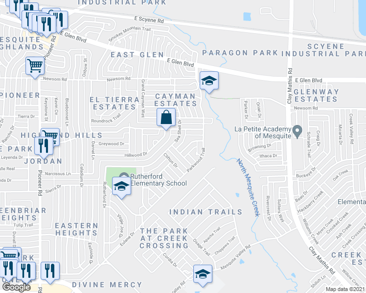 map of restaurants, bars, coffee shops, grocery stores, and more near 1909 Parkdale Drive in Mesquite