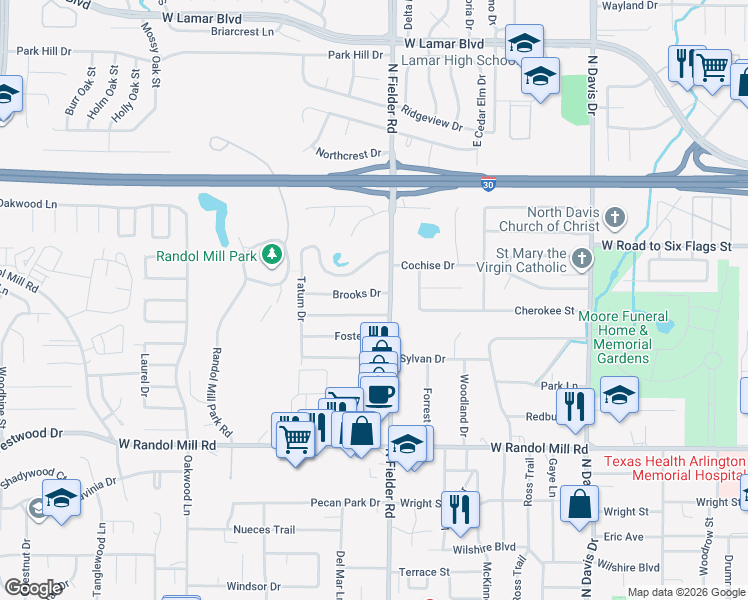 map of restaurants, bars, coffee shops, grocery stores, and more near 1704 Brooks Drive in Arlington