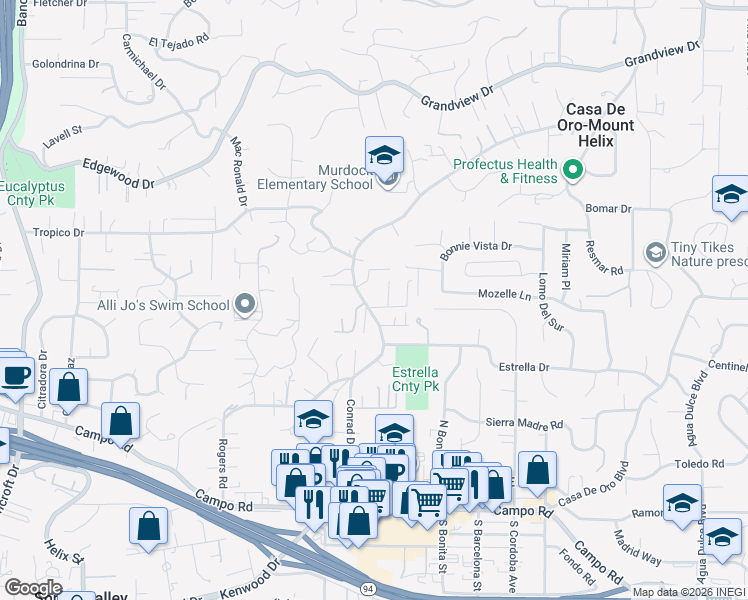 map of restaurants, bars, coffee shops, grocery stores, and more near 4157 Conrad Drive in Spring Valley