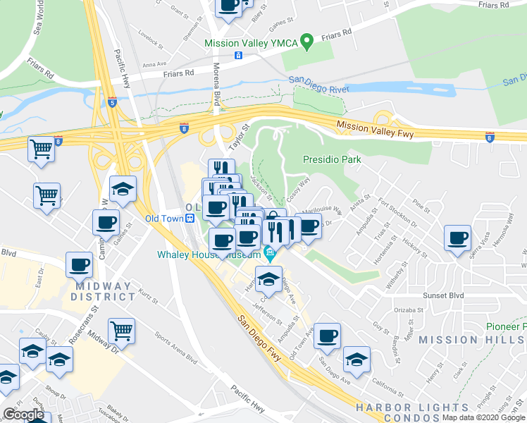 map of restaurants, bars, coffee shops, grocery stores, and more near 2635 Sunset Street in San Diego