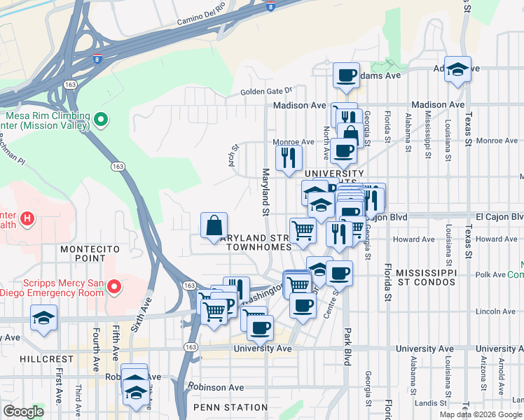 map of restaurants, bars, coffee shops, grocery stores, and more near 4314 Maryland Street in San Diego