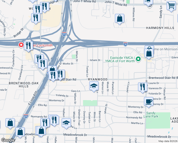 map of restaurants, bars, coffee shops, grocery stores, and more near 1533 Terbet Ln in Fort Worth