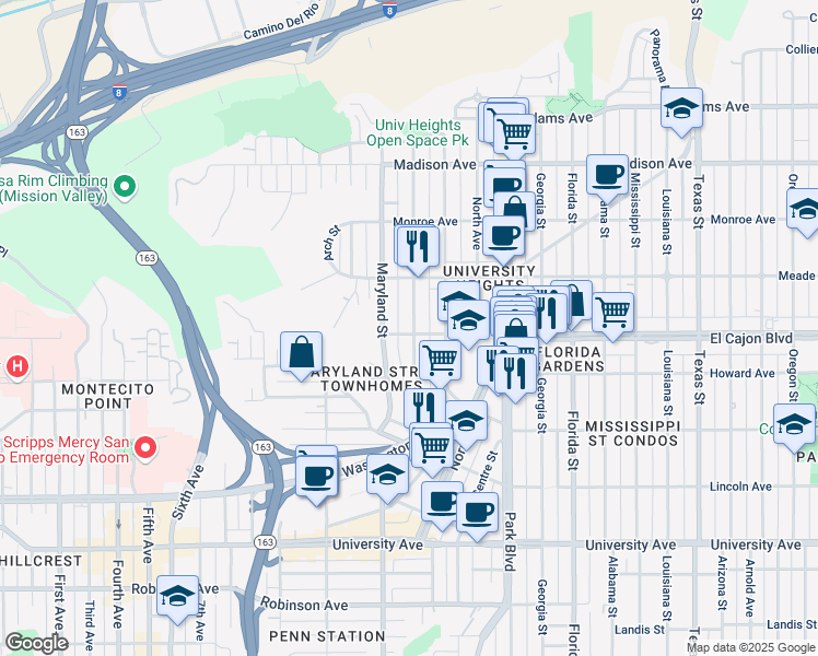 map of restaurants, bars, coffee shops, grocery stores, and more near 1440 Van Buren Avenue in San Diego
