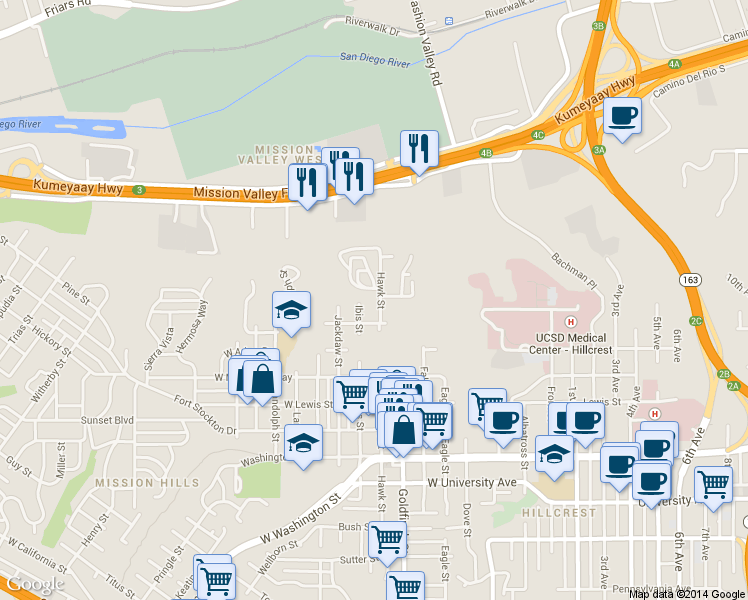 map of restaurants, bars, coffee shops, grocery stores, and more near 4292 Hawk Street in San Diego