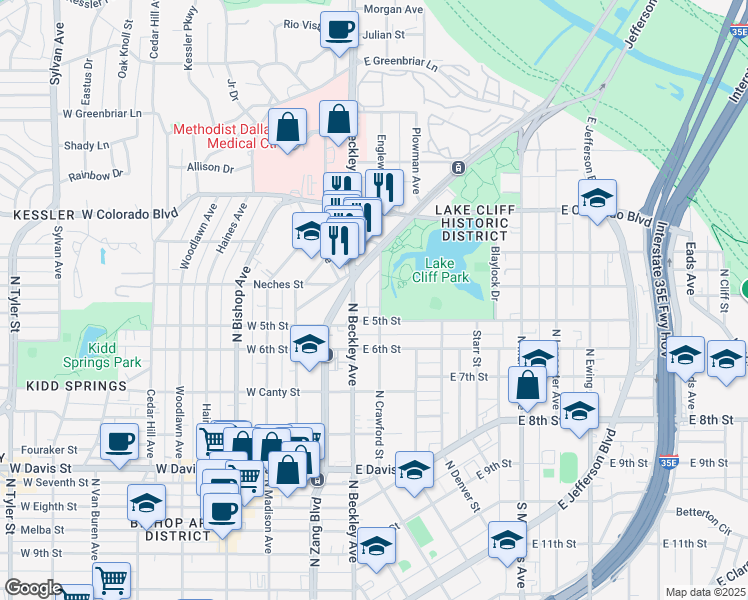 map of restaurants, bars, coffee shops, grocery stores, and more near 1019 North Crawford Street in Dallas
