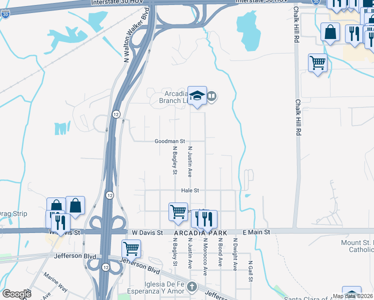 map of restaurants, bars, coffee shops, grocery stores, and more near 1147 North Justin Avenue in Dallas