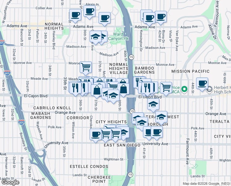 map of restaurants, bars, coffee shops, grocery stores, and more near 3814 El Cajon Boulevard in San Diego