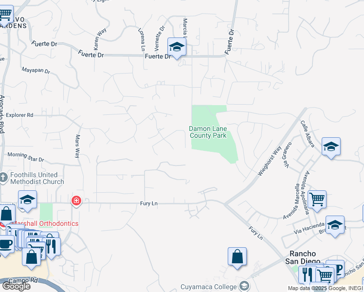 map of restaurants, bars, coffee shops, grocery stores, and more near 11577 Shadow Ranch Road in La Mesa