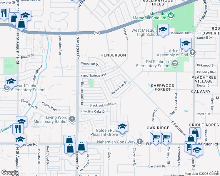map of restaurants, bars, coffee shops, grocery stores, and more near 10452 Woodleaf Dr in Dallas