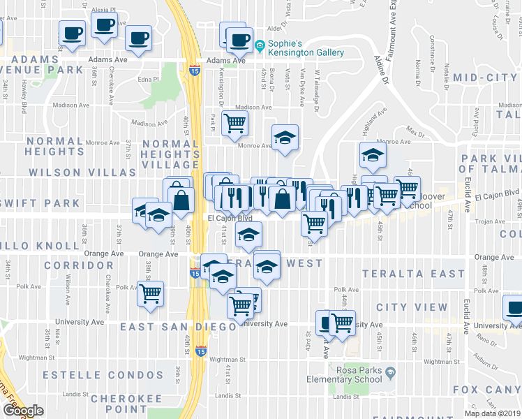 map of restaurants, bars, coffee shops, grocery stores, and more near 4307 42nd Street in San Diego