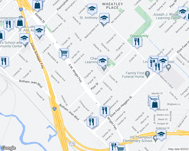 map of restaurants, bars, coffee shops, grocery stores, and more near 2311 Poplar Street in Dallas