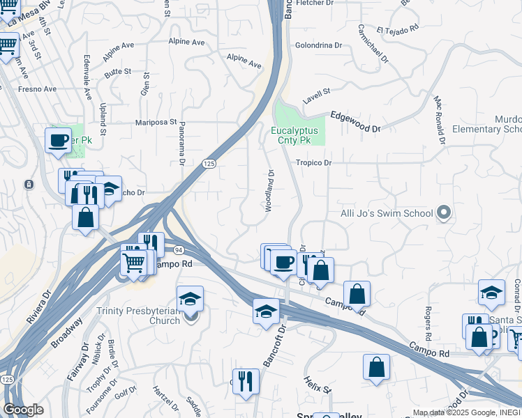 map of restaurants, bars, coffee shops, grocery stores, and more near 4220 Woodland Drive in La Mesa