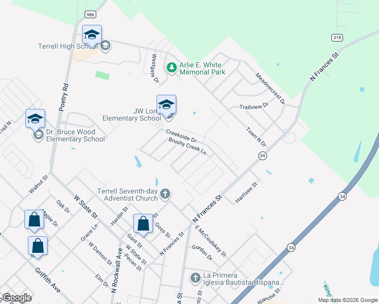 map of restaurants, bars, coffee shops, grocery stores, and more near 244 Willow Creek Lane in Terrell
