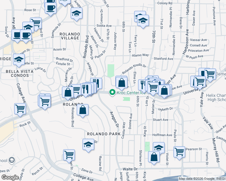 map of restaurants, bars, coffee shops, grocery stores, and more near 6708 University Avenue in San Diego