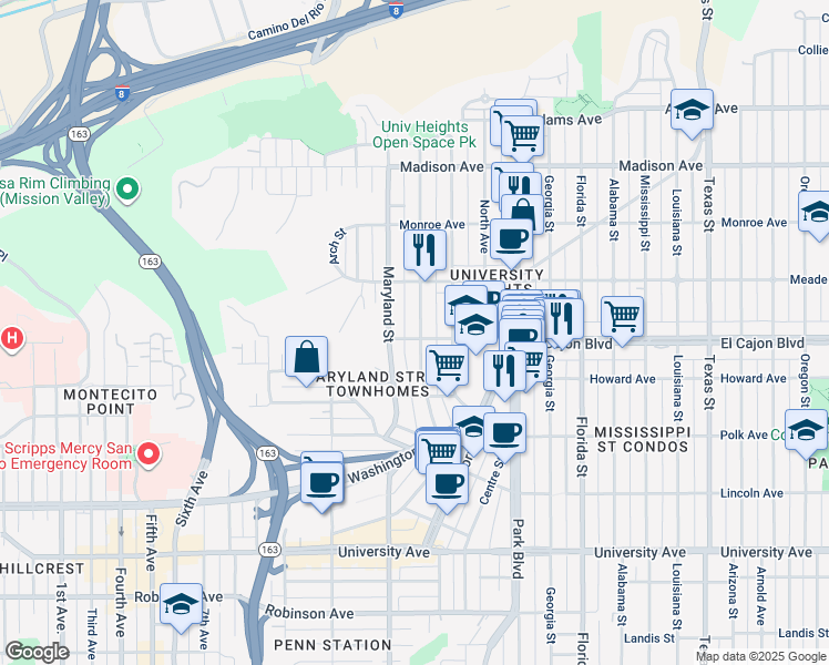 map of restaurants, bars, coffee shops, grocery stores, and more near 1440 Van Buren Avenue in San Diego