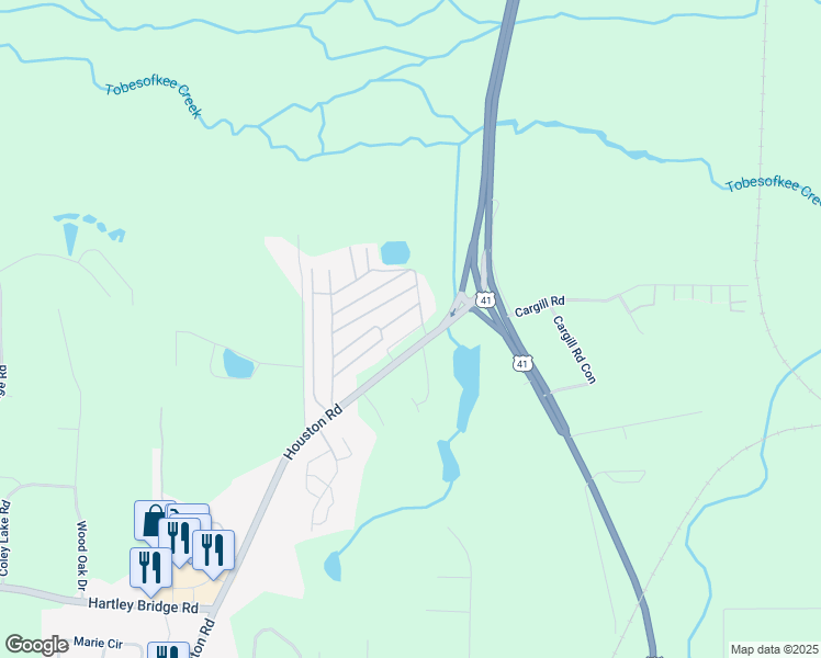 map of restaurants, bars, coffee shops, grocery stores, and more near 5307 Houston Road in Macon