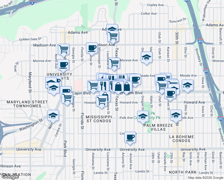 map of restaurants, bars, coffee shops, grocery stores, and more near 2322 El Cajon Boulevard in San Diego