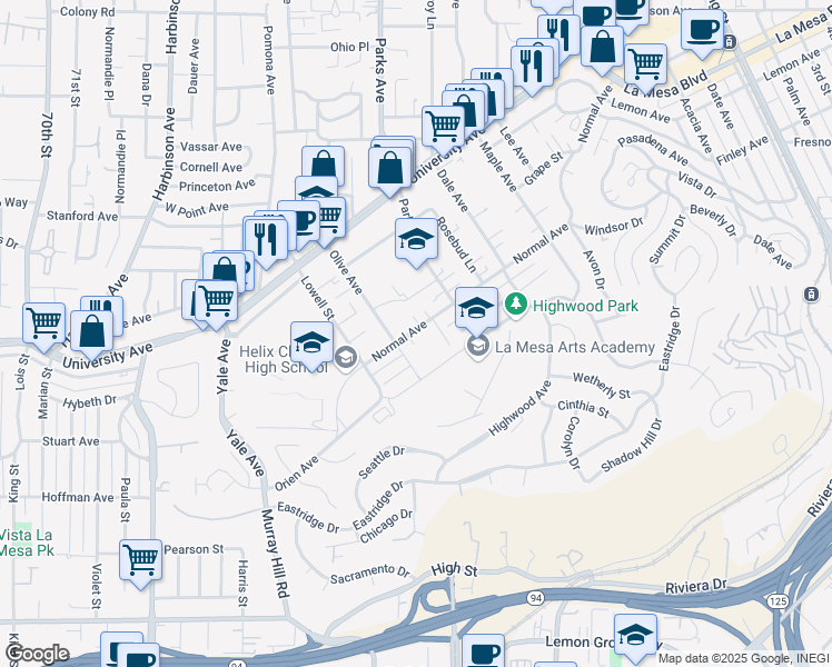 map of restaurants, bars, coffee shops, grocery stores, and more near 7631 Normal Avenue in La Mesa