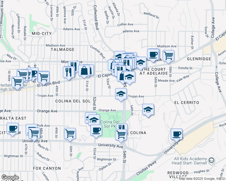 map of restaurants, bars, coffee shops, grocery stores, and more near 4321 53rd Street in San Diego