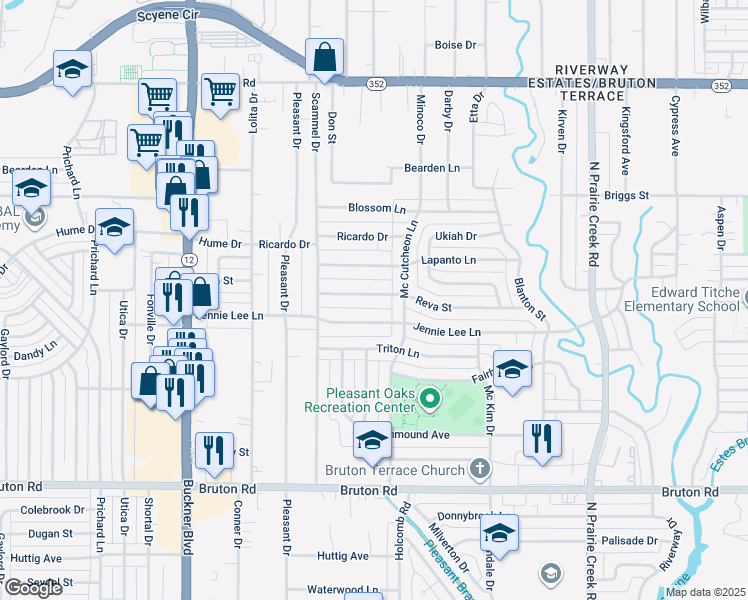 map of restaurants, bars, coffee shops, grocery stores, and more near 8502 Reva Street in Dallas