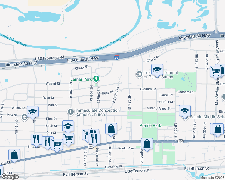 map of restaurants, bars, coffee shops, grocery stores, and more near 2118 Ruea Street in Grand Prairie