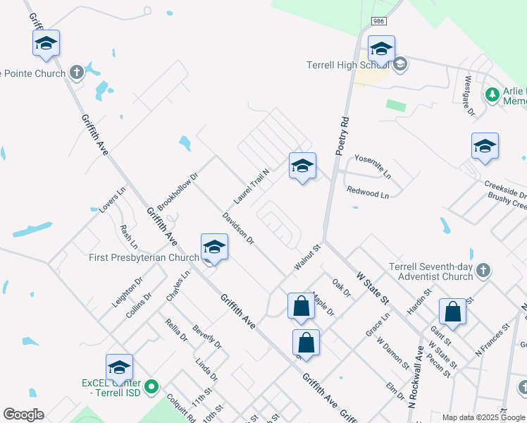 map of restaurants, bars, coffee shops, grocery stores, and more near 129 Poinsetta Circle in Terrell