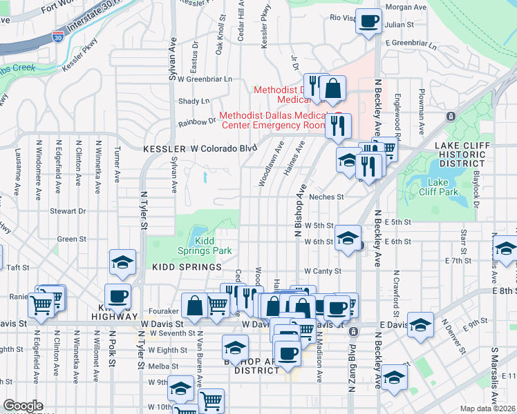 map of restaurants, bars, coffee shops, grocery stores, and more near Woodlawn Avenue in Dallas