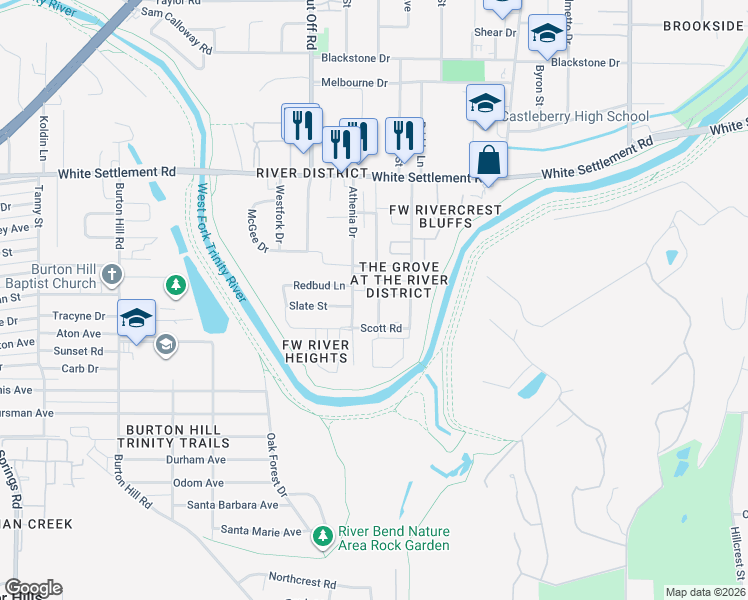 map of restaurants, bars, coffee shops, grocery stores, and more near 403 Sunset Lane in Fort Worth