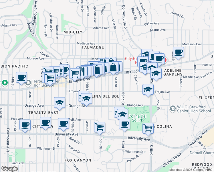map of restaurants, bars, coffee shops, grocery stores, and more near 4321 Altadena Avenue in San Diego
