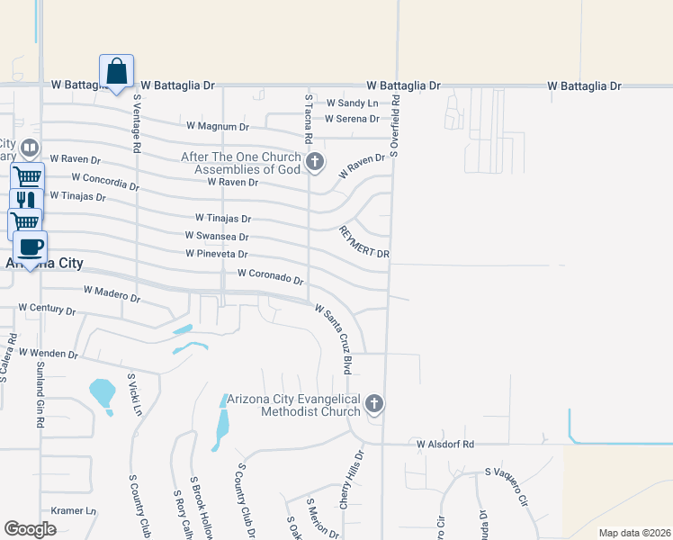 map of restaurants, bars, coffee shops, grocery stores, and more near 8306 West Pineveta Drive in Arizona City