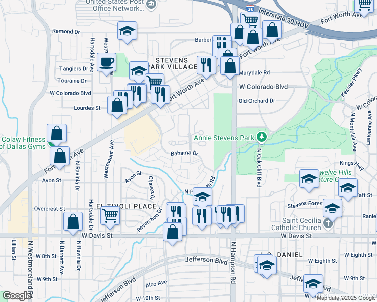 map of restaurants, bars, coffee shops, grocery stores, and more near 2425 Bahama Drive in Dallas