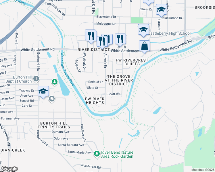 map of restaurants, bars, coffee shops, grocery stores, and more near 405 Athenia Drive in Fort Worth
