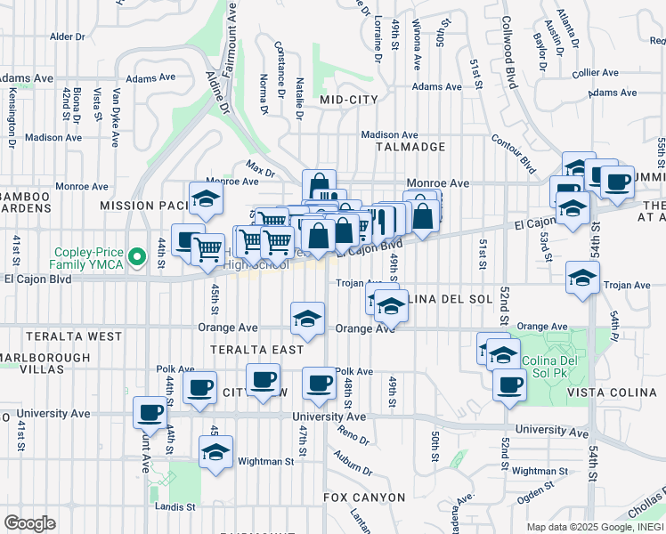 map of restaurants, bars, coffee shops, grocery stores, and more near in San Diego