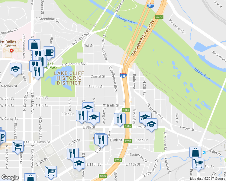 map of restaurants, bars, coffee shops, grocery stores, and more near 1221 E Jefferson Blvd in Dallas