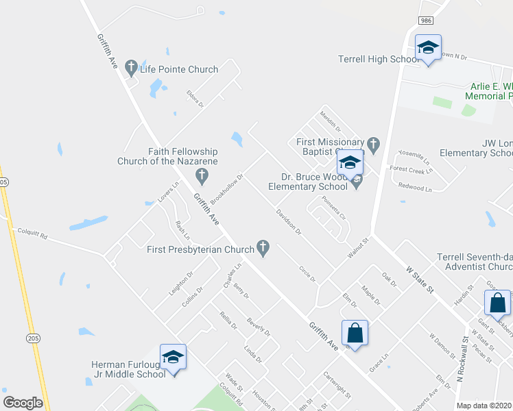 map of restaurants, bars, coffee shops, grocery stores, and more near 201 Davidson Drive in Terrell
