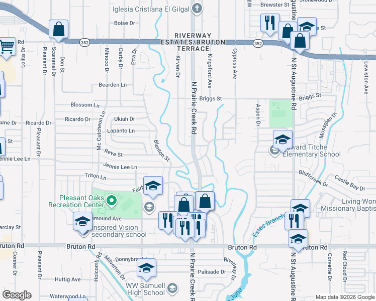 map of restaurants, bars, coffee shops, grocery stores, and more near 2527 North Prairie Creek Road in Dallas