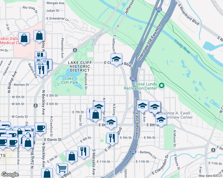 map of restaurants, bars, coffee shops, grocery stores, and more near 619 North Ewing Avenue in Dallas