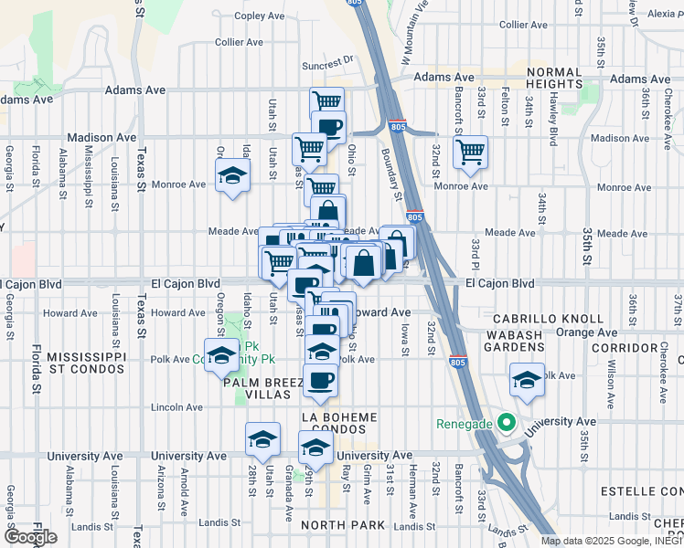 map of restaurants, bars, coffee shops, grocery stores, and more near 3046 El Cajon Boulevard in San Diego