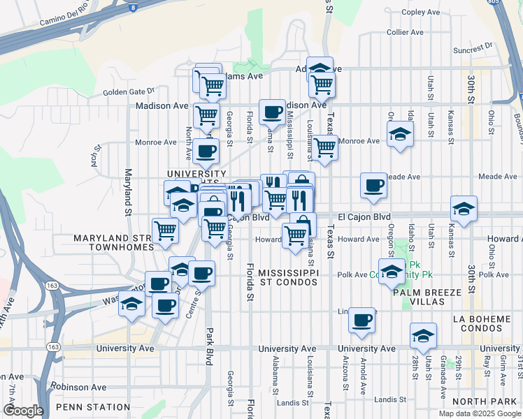 map of restaurants, bars, coffee shops, grocery stores, and more near 2020 El Cajon Boulevard in San Diego