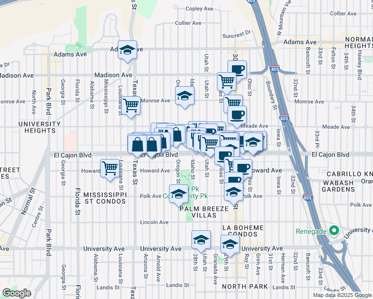 map of restaurants, bars, coffee shops, grocery stores, and more near 2724 El Cajon Boulevard in San Diego